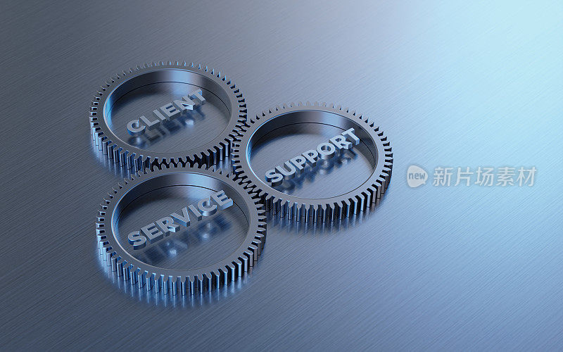 金属齿轮与客户支持和服务词在反射金属表面- CRM概念